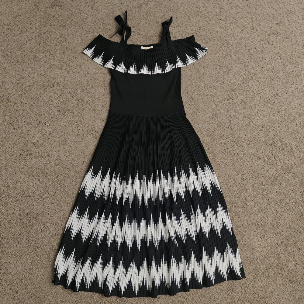 Maje Black White Zig-Zag Pleated Off-the-Shoulder Knit Midi Dress Size 3 L - Picture 2 of 14